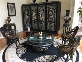Large Asian Black Laquered with Mother-of-Pearl and Abalone Inlay 3-Piece Storage Cabinet/Chest/Armoire. Birds and Flower scene. 4 drawers, shelves and hanging bars. Height: 79 x Width 104.5 x Depth 26.5 inches. In excellent condition.