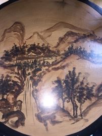 A Set of Four Black Carved Wood Root Chairs with Hand Painted Seat and Back. Chair Height: 34 inches. Seat Height: 18 inches x Width: 23 inches. In very good condition.