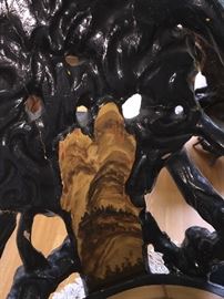 A Set of Four Black Carved Wood Root Chairs with Hand Painted Seat and Back. Chair Height: 34 inches. Seat Height: 18 inches x Width: 23 inches. In very good condition.