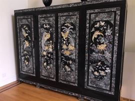 Large Asian Black Laquered with Mother-of-Pearl and Abalone Inlay 3-Piece Storage Cabinet/Chest/Armoire. Birds and Flower scene. 4 drawers, shelves and hanging bars. Height: 79 x Width 104.5 x Depth 26.5 inches. In excellent condition.