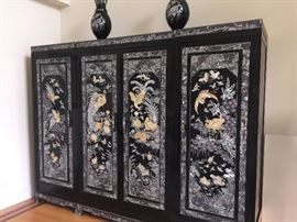 Large Asian Black Laquered with Mother-of-Pearl and Abalone Inlay 3-Piece Storage Cabinet/Chest/Armoire. Birds and Flower scene. 4 drawers, shelves and hanging bars. Height: 79 x Width 104.5 x Depth 26.5 inches. In excellent condition.