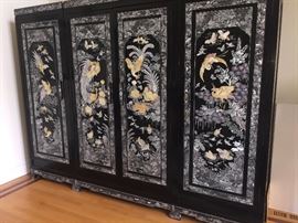 Large Asian Black Laquered with Mother-of-Pearl and Abalone Inlay 3-Piece Storage Cabinet/Chest/Armoire. Birds and Flower scene. 4 drawers, shelves and hanging bars. Height: 79 x Width 104.5 x Depth 26.5 inches. In excellent condition.