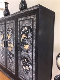 Large Asian Black Laquered with Mother-of-Pearl and Abalone Inlay 3-Piece Storage Cabinet/Chest/Armoire. Birds and Flower scene. 4 drawers, shelves and hanging bars. Height: 79 x Width 104.5 x Depth 26.5 inches. In excellent condition.