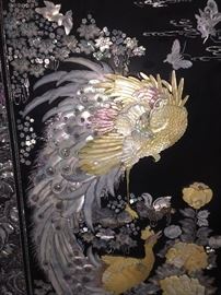 Large Asian Black Laquered with Mother-of-Pearl and Abalone Inlay 3-Piece Storage Cabinet/Chest/Armoire. Birds and Flower scene. 4 drawers, shelves and hanging bars. Height: 79 x Width 104.5 x Depth 26.5 inches. In excellent condition.