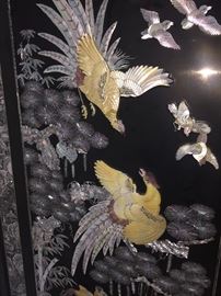 Large Asian Black Laquered with Mother-of-Pearl and Abalone Inlay 3-Piece Storage Cabinet/Chest/Armoire. Birds and Flower scene. 4 drawers, shelves and hanging bars. Height: 79 x Width 104.5 x Depth 26.5 inches. In excellent condition.