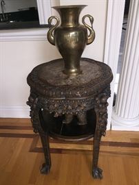 A Pair of Antique Chinese Wood Carved Tables with Marble Tops: Height 32 x Diameter 22 inches. In very good condition.