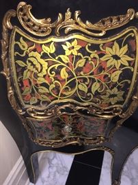 A Pair of Louis XV Style Marble Top Bombe Chests/Commodes/Console Tables. Hand painted floral design and gold gilt mounts. In excellent condition. Height 33.5 x Width 45.5 x Depth 20.5 inches.