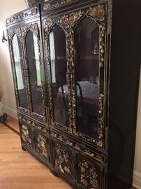 A Two-Piece Asian Black Lacquered Stone Inlayed China Cabinet/Breakfront. Four doors, six drawers and three shelves. Height 72 x Width 60 x Depth 19 inches. In excellent condition.