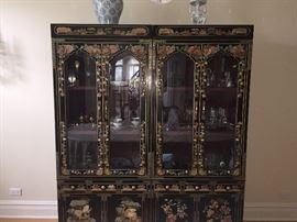 A Two-Piece Asian Black Lacquered Stone Inlayed China Cabinet/Breakfront. Four doors, six drawers and three shelves. Height 72 x Width 60 x Depth 19 inches. In excellent condition.