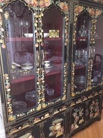 A Two-Piece Asian Black Lacquered Stone Inlayed China Cabinet/Breakfront. Four doors, six drawers and three shelves. Height 72 x Width 60 x Depth 19 inches. In excellent condition.