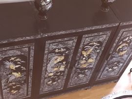 Large Asian Black Laquered with Mother-of-Pearl and Abalone Inlay 3-Piece Storage Cabinet/Chest/Armoire. Birds and Flower scene. 4 drawers, shelves and hanging bars. Height: 79 x Width 104.5 x Depth 26.5 inches. In excellent condition.