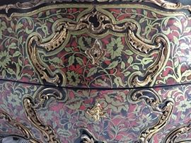 A Pair of Louis XV Style Marble Top Bombe Chests/Commodes/Console Tables. Hand painted floral design and gold gilt mounts. In excellent condition. Height 33.5 x Width 45.5 x Depth 20.5 inches.