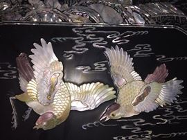 Large Asian Black Laquered with Mother-of-Pearl and Abalone Inlay 3-Piece Storage Cabinet/Chest/Armoire. Birds and Flower scene. 4 drawers, shelves and hanging bars. Height: 79 x Width 104.5 x Depth 26.5 inches. In excellent condition.