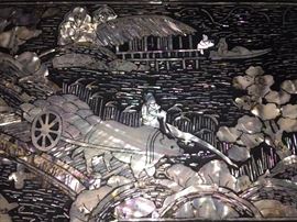 Large Asian Black Laquered with Mother-of-Pearl and Abalone Inlay 3-Piece Storage Cabinet/Chest/Armoire. Birds and Flower scene. 4 drawers, shelves and hanging bars. Height: 79 x Width 104.5 x Depth 26.5 inches. In excellent condition.