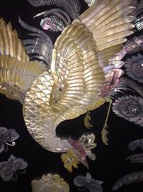 Large Asian Black Laquered with Mother-of-Pearl and Abalone Inlay 3-Piece Storage Cabinet/Chest/Armoire. Birds and Flower scene. 4 drawers, shelves and hanging bars. Height: 79 x Width 104.5 x Depth 26.5 inches. In excellent condition.