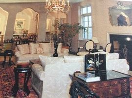 Everything for sale. Oversized Art Deco Mirror above fireplace: Height 50 x Width 61.5 inches. Asian Two-Sided Wood Coffee Table in forefront with brass hardware, drawers, storage on both sides. Height 18.5 x Width 42 x Depth 22.5 inches. In excellent condition.