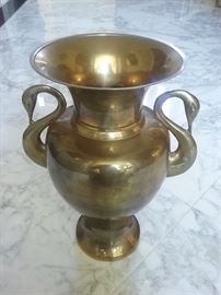 A Pair of Brass Decorative Vases: Height 14.5 x Width 12 inches. A Pair of Drum Side Tables.