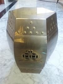 A Pair of Brass Decorative Vases: Height 14.5 x Width 12 inches. A Pair of Drum Side Tables.