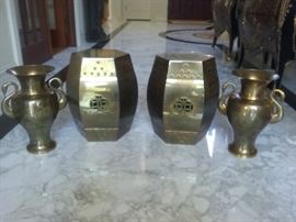 A Pair of Brass Decorative Vases: Height 14.5 x Width 12 inches. A Pair of Drum Side Tables.