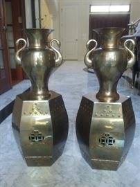 A Pair of Brass Decorative Vases: Height 14.5 x Width 12 inches. A Pair of Drum Side Tables.