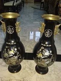 Pair of Black Laquered Mother-of-Pearl Vases. Height 25 x Diameter 10 inches