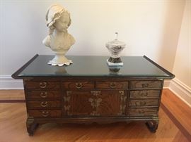 Asian Two-Sided Wood Coffee Table with Brass Hardware, Drawers and Storage on both sides. Width: 42". Height: 18.5". Depth: 22.5". In very good condition.