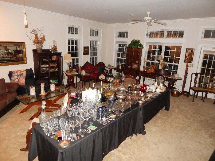Stemware, wine openers, silver plated serving items, china, handpainted wine glasses, butter spreaders, decanters
