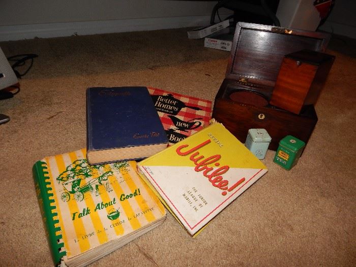 vintage cookbooks. vintage Emily Post Etiquette book. Tea box antique?