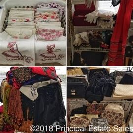 Antique embroidered linens, scarves, gloves, & clutches galore!