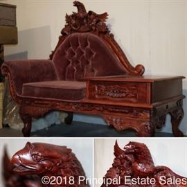 Victorian style mahogany gossip bench with hand carved eagle