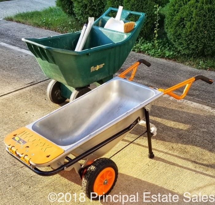 WORX 8-in-1 yard cart - 300 lb capacity wheelbarrow / dolly / forklift that features flat free tires that never need inflating and a patented design that adjusts center of gravity for a balanced and easy-to-manage load.  Retails for $222.60.  WHOA