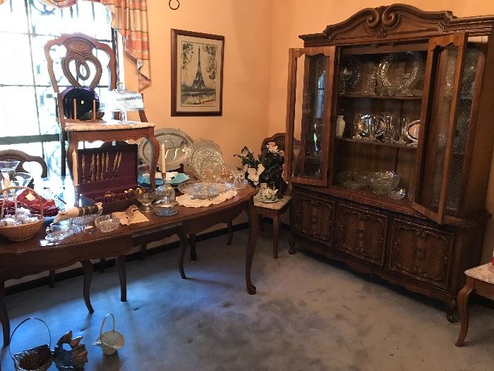 dining room table with chairs, table top pads.  China cabinet