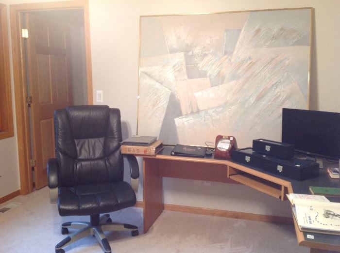 Oil Painting $20.   Leather Office Chair $60. Monitor $20