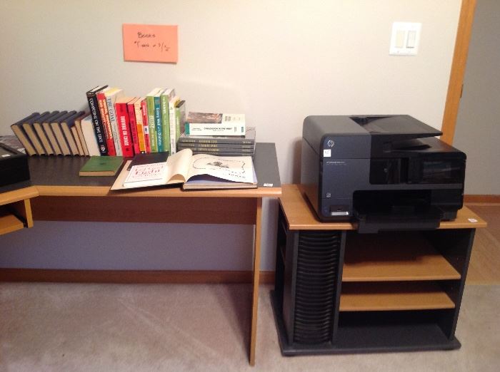 Two corner desks $30, $40.  HP printer $40. Printer stand $10