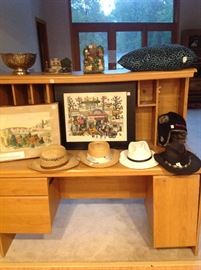 Desk $20 --- above artwork $8 - $10 --- Men's hats $3 - $7 each