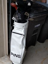 Sporting goods, many golf clubs. Ping golf bag $14
