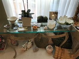 Glass Sofa Table, decorator pillows, Fenton, etc.