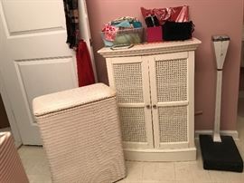 Bathroom items. Cabinet, Scales, Hamper