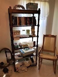 Etegere, Wood and Glass Shelf Unit, Rocking Chair, Mirror, Books, Printers, etc.