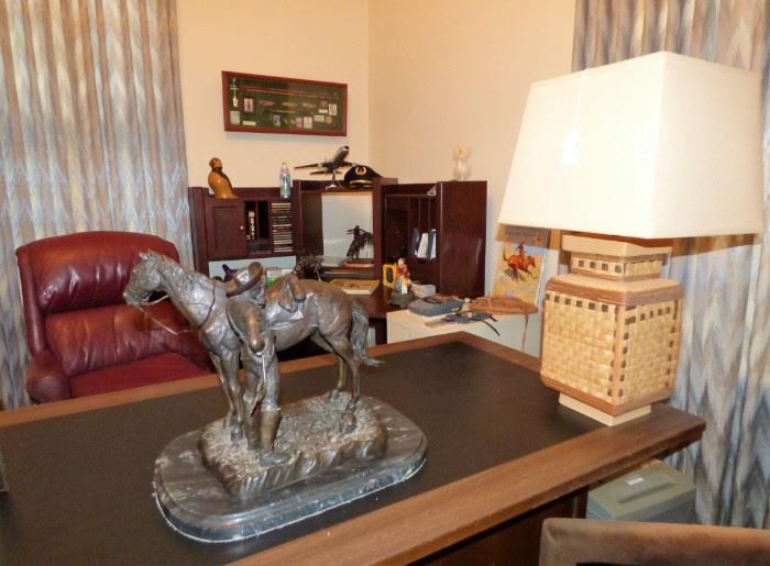 Large Remington Style Horse with Cowboy, Red Leather Office Chair