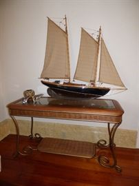 Large ship model, wicker/iron/glass console table