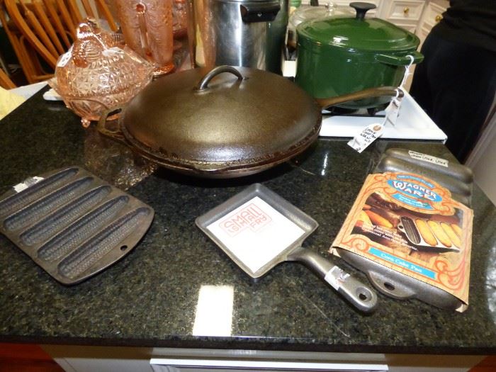 "New" Vintage Wagner cast iron "Corn Cake Pan",  "Little Square" cast iron pan,  large Lodge cast iron Wok with lid.