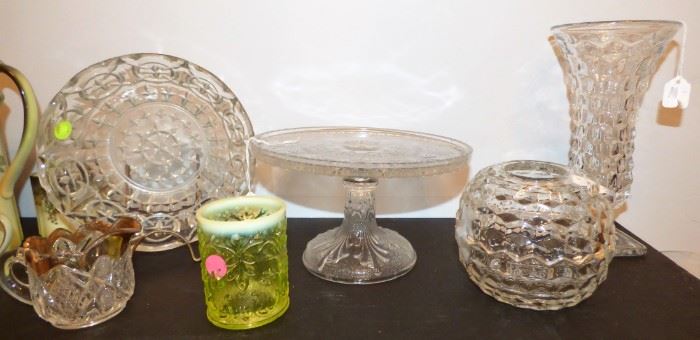 Fostoria "American" rose bowl & vase, vintage cake pedestal, opalescent vaseline glass tumbler, etc