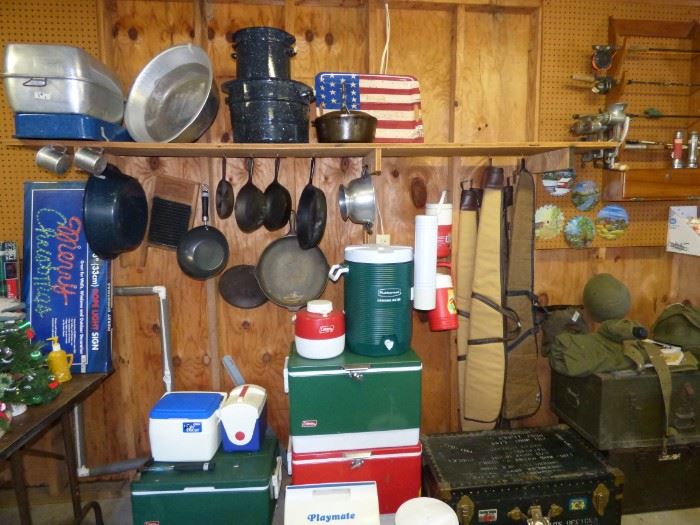 Garage items including Cast Iron Pans & Pots
