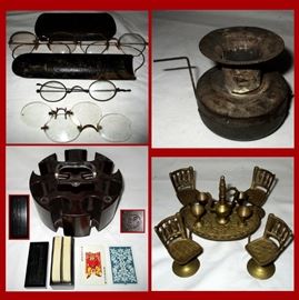 Antique and Vintage Spectacles, Antique Duck Caller Patented 1905 in Great Working Condition, Bakelite Poker Chip Holder, REM Vintage Card Holder and Miniature Brass Dinette Set 