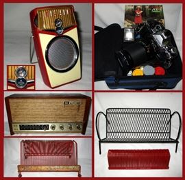 Cute Little Beach Boy Mid Century Modern Transistor Radio, Arvin Radio in Working Order, Canon AE1 Camera with Accessories and Vintage 45 Record Racks 