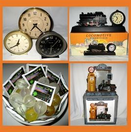 Big Ben and Baby Ben Clocks; all Running, Locomotive Alarm Clock, Glow in the Dark Golf Balls and Pizza Bar Night Light 