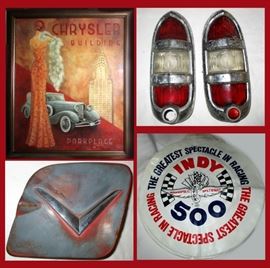 Chrysler Building Framed Print, Vintage Tail Lights, Vintage Gas Door and a Pair of Indy 500 Blow Up Pillows 