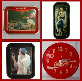 Top Left Tray was made by the The American Art Works, Inc. Coshocton Ohio  Made In U.S.A.  c.1940 & 2 Fantasy Coca Cola Trays and Coca Cola Clock 