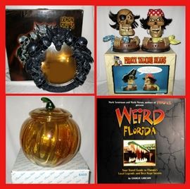 Demon Skulls Mirror with Box, Pirate Talking Heads with Box, Princess House Glass Pumpkin Cookie Jar with Box and Weird Florida Book  
